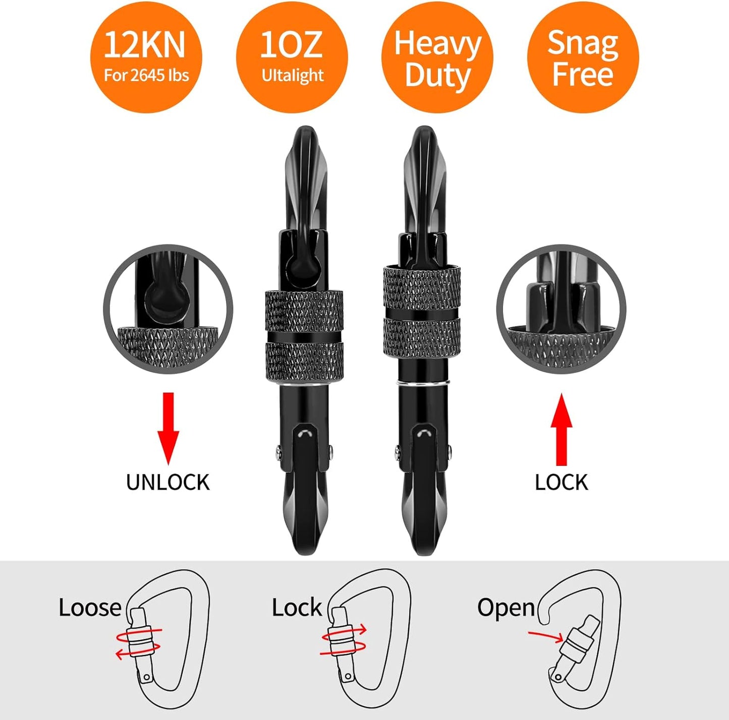 "Ultra-Durable Locking Carabiner Clips - Supports 2697 Lbs - Perfect for Hammocks, Keychains, and More!"