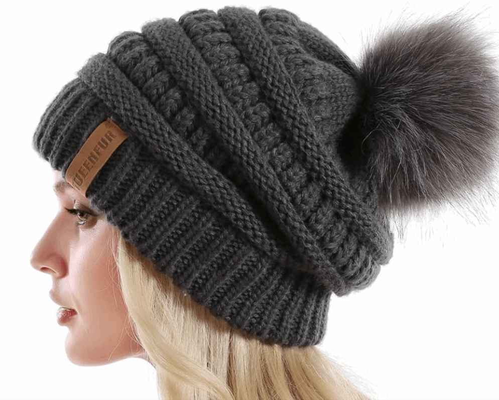 "Cozy Winter Chic: Women'S Chunky Knit Slouchy Beanie with Faux Fur Pompom - Stay Warm and Stylish on the Slopes!"