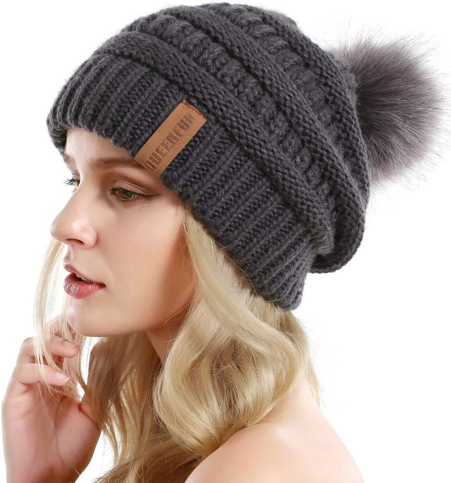 "Cozy Winter Chic: Women'S Chunky Knit Slouchy Beanie with Faux Fur Pompom - Stay Warm and Stylish on the Slopes!"