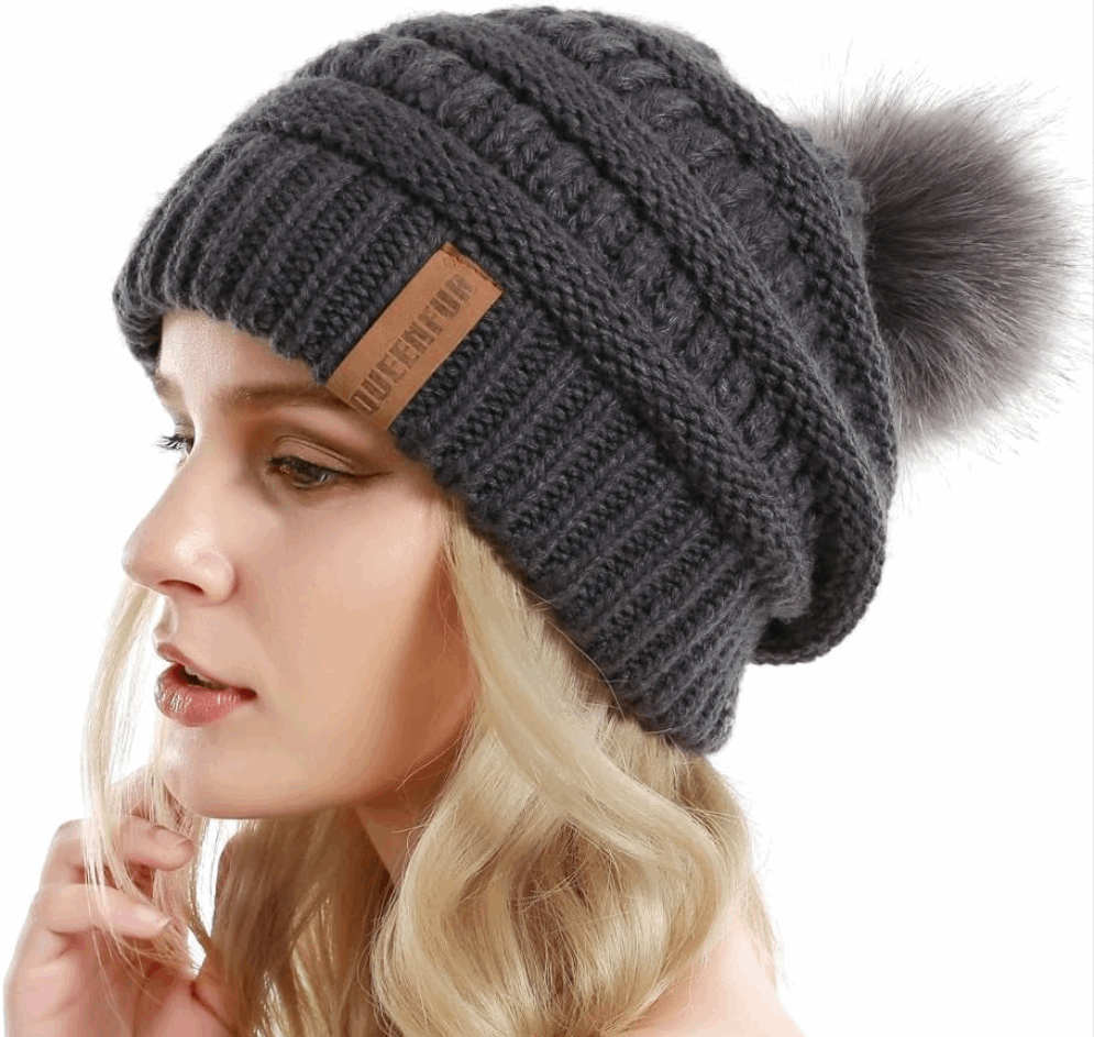 "Cozy Winter Chic: Women'S Chunky Knit Slouchy Beanie with Faux Fur Pompom - Stay Warm and Stylish on the Slopes!"