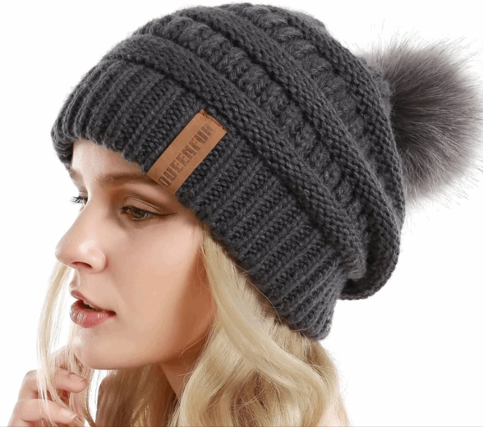 "Cozy Winter Chic: Women'S Chunky Knit Slouchy Beanie with Faux Fur Pompom - Stay Warm and Stylish on the Slopes!"