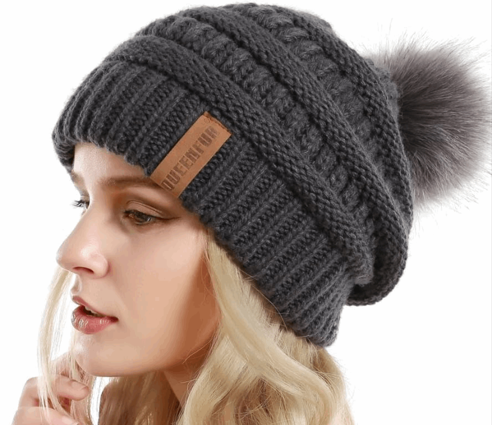 "Cozy Winter Chic: Women'S Chunky Knit Slouchy Beanie with Faux Fur Pompom - Stay Warm and Stylish on the Slopes!"