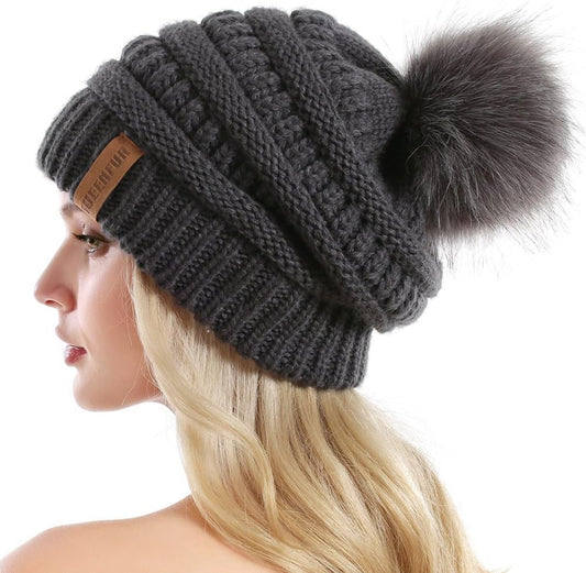 "Cozy Winter Chic: Women'S Chunky Knit Slouchy Beanie with Faux Fur Pompom - Stay Warm and Stylish on the Slopes!"