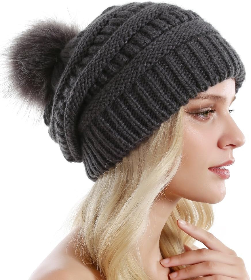 "Cozy Winter Chic: Women'S Chunky Knit Slouchy Beanie with Faux Fur Pompom - Stay Warm and Stylish on the Slopes!"