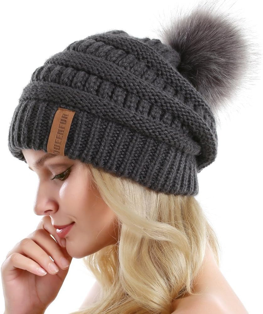 "Cozy Winter Chic: Women'S Chunky Knit Slouchy Beanie with Faux Fur Pompom - Stay Warm and Stylish on the Slopes!"